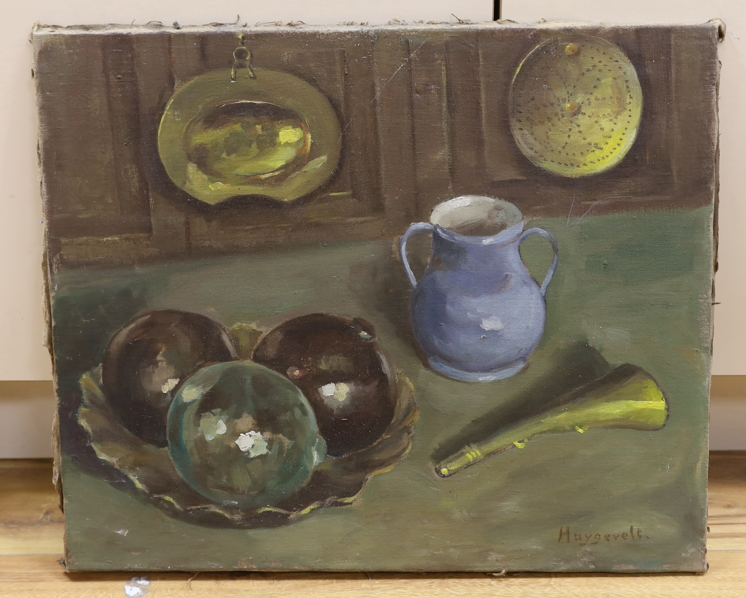 Haygevelt, oil on canvas, Still life of glass floats and brassware on a table top, signed, 50 x 60cm, unframed